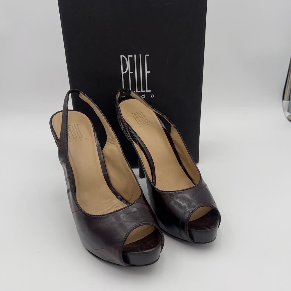 elle Moda‎ Leather Slingback Peep Toe Heels Women's 9.5 Brown Platform Pumps